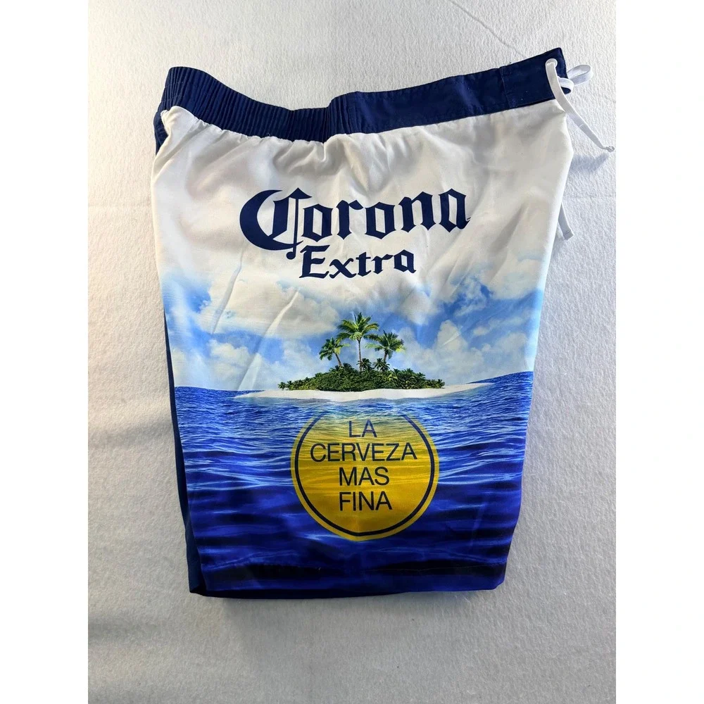 Corona Extra Mens Blue Graphic Beach Tropical Board Shorts Swim Trunks Size 36